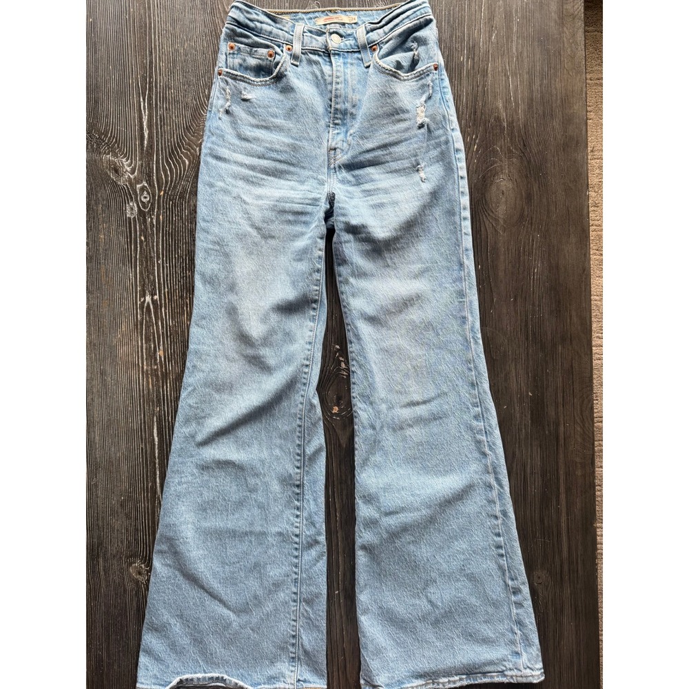 Levis Premium Ribcage Bell Jeans 24x30 High Rise Light Wash Distressed Flare